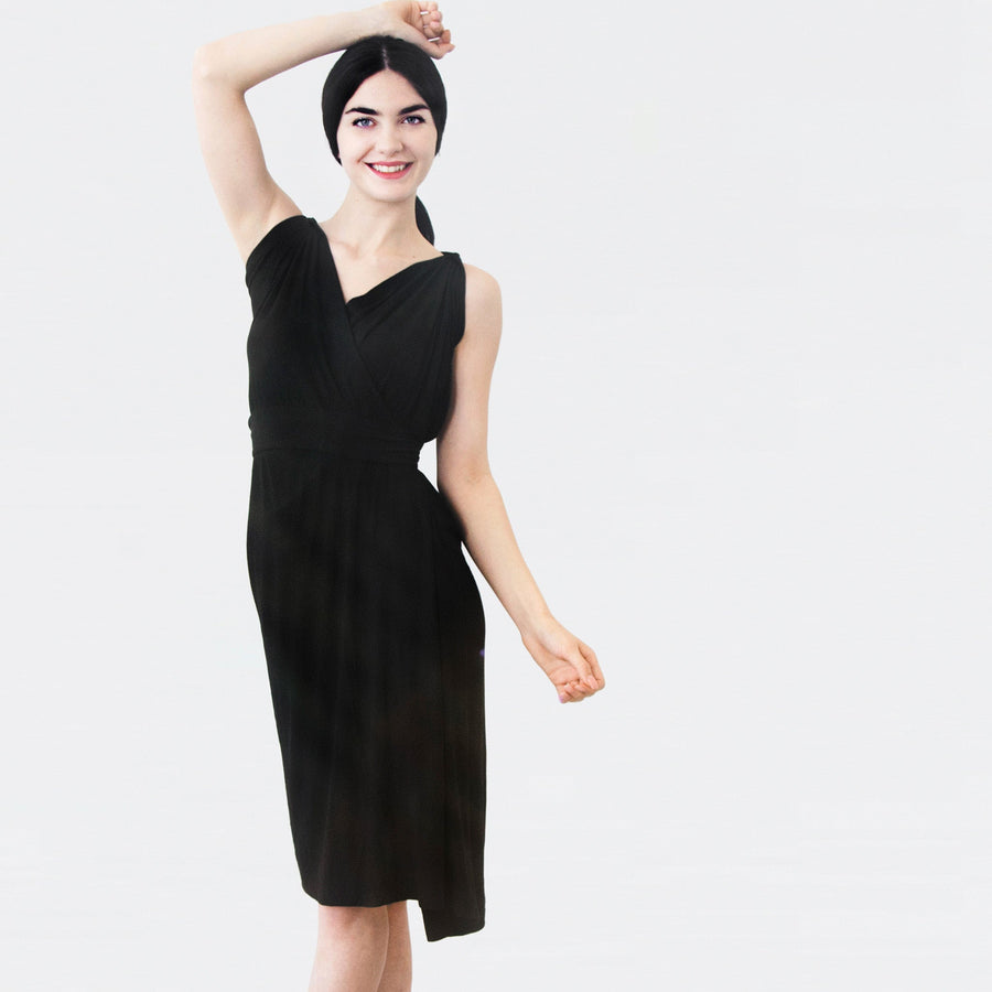 Woman wearing black versatile dress